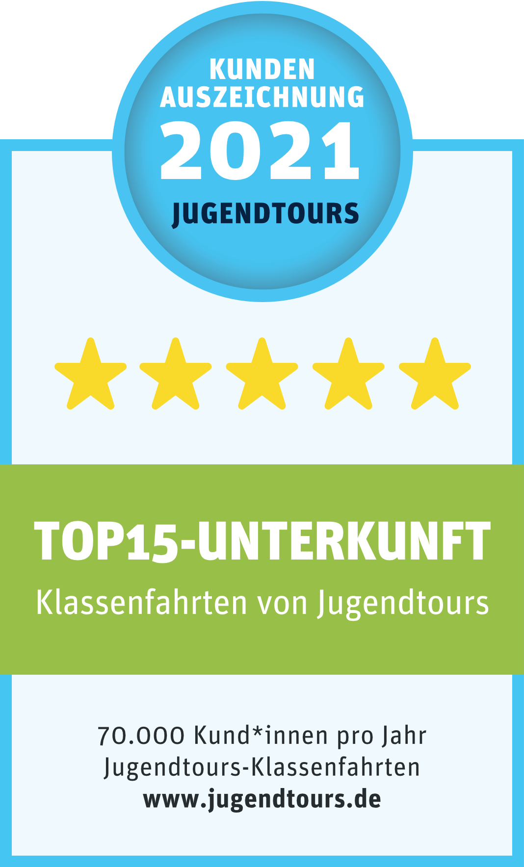 Top-Unterkunft 2021 – Qualitätsauszeichnung Klassenfahrten, prämiert von Jugendtours