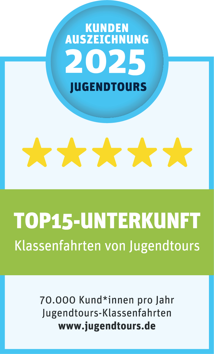Siegel &bdquo;TOP15-Unterkunft 2025&ldquo; &ndash; Kundenauszeichnung Klassenfahrten, pr�miert von Jugendtours