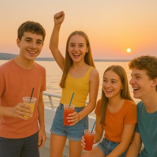 Partyboot bei Sonnenuntergang